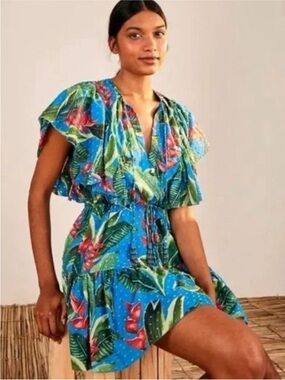 Farm Rio Dream Garden Mini Dress | Blue Tropical | Size Small | 100% Cotton